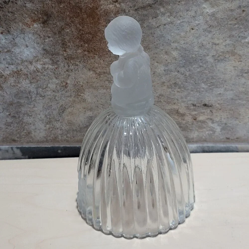 Vintage Ribbed Crystal Bell Frosted Glass Praying Child Figure 1978